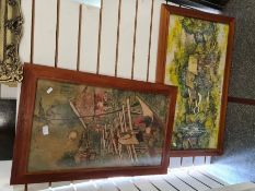 Two similar Malaysian Batik paintings on fabric of figures on boat and huts beside river, both signe