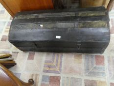An antique French pine blanket box, metal bound, and one other having dome top