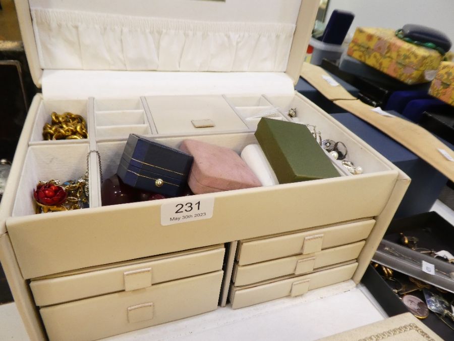 Jewellery box containing quantity of costume jewellery, silver earrings, possible red amber beads, v