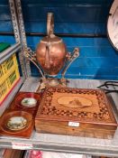 A Killarney style inlaid box, a pair of small landscape miniatures and a large copper kettle on stan