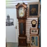 A reproduction oak long case clock by Mills & Sons of Rugby, bought new in 1992, 212cm high
