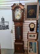 A reproduction oak long case clock by Mills & Sons of Rugby, bought new in 1992, 212cm high