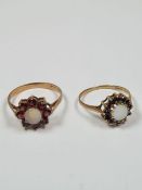 A 9ct yellow gold opal and garnet cluster ring, size R, together with a 9ct yellow gold opal and sap