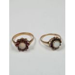 A 9ct yellow gold opal and garnet cluster ring, size R, together with a 9ct yellow gold opal and sap