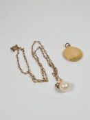 9ct yellow gold neckchain hung with a simulated pearl pendant with an unmarked yellow gold circular