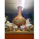 A 20th Century Chinese vase, of orange colour, decorated fruit, two cats, a Harrow pewter Rowing tan