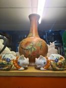A 20th Century Chinese vase, of orange colour, decorated fruit, two cats, a Harrow pewter Rowing tan