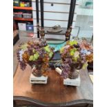Two metal on marble lamps, decorated with fruits and grapes, height 30cms, glass fruit