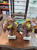 Two metal on marble lamps, decorated with fruits and grapes, height 30cms, glass fruit