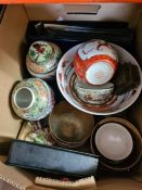 Two boxes of sundry including China, First Day Covers and decorative boxes