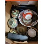 Two boxes of sundry including China, First Day Covers and decorative boxes