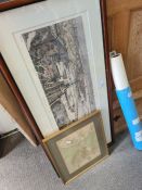 An antique style print of Portsmouth Harbour, a small map of the Harbour and a 1974 photograph of HM