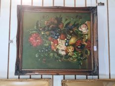 A reproduction oil painting still life vase of flowers, unsigned, 49.5cm x 60cm