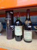 A bottle of Aberlour Scotch Whisky, 2 1980s bottles of red wine and sundry