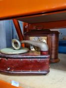 A vintage German gramophone having tin plate case and a reproduction mantle clock, by Rapport