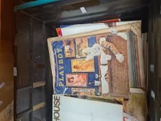A tray of ephemera to include some magazines, and a box of china