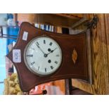 Two wooden mantel clocks, one with inlaid design, etc