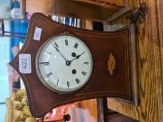 Two wooden mantel clocks, one with inlaid design, etc