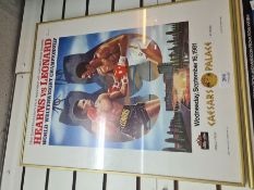 Four reproduction boxing posters, including Hagler v Leonard