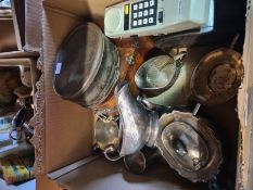 A selection of vintage mobile phones, silver plate, clocks and tins, etc, including and 8 track play