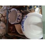 Two boxes of china, including Delft house, brass telescope, etc
