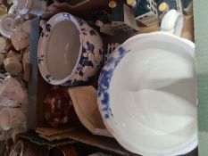 Two boxes of china, including Delft house, brass telescope, etc
