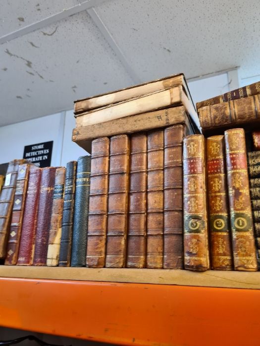 A shelf of leather bound antiquarian books and others, including three volumes of Colman's prose wor - Image 2 of 4