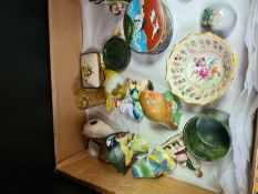 A small tray of mixed collectables including two Royal Copenhagen frogs and an enamelled trinket box