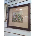 A late 19th century watercolour of plants growing on wall, a watercolour of religious man near steps