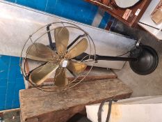 Vintage look pedestal fan, with brass blades on contrasting black metal base