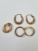 Three pairs of 9ct yellow gold hoop earrings, one a two tone pair, approx 2.88g