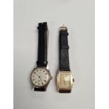Bulova; vintage gents stainless steel Bulova wristwatch, model 195880 on black leather strap togethe