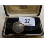 Antique 9ct yellow gold ladies watch, case marked 375, with decorative geometric design dial, on bla