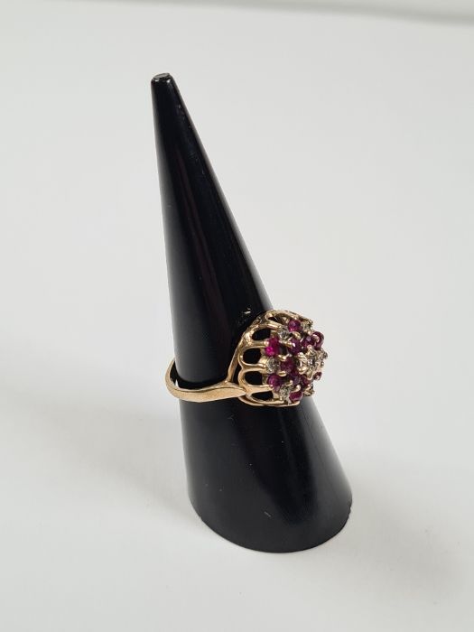 9ct yellow gold ruby and diamond chip raised cluster ring, size I, approx 2.6g, marked 375, maker W - Image 2 of 5