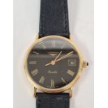 Longines; A gents 18ct gold cased watch with black dial, Roman numerals, date aperture, Quartz movem