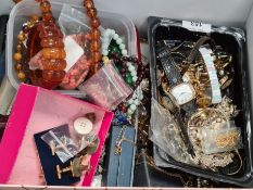 Box of modern and vintage costume jewellery to incl hardstone necklaces, amber style beads etc