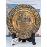 A bronze pin dish decorated SS Queen Mary with registered number to reverse