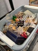 Box of vintage and modern costume jewellery mostly brooches