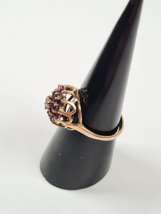 9ct yellow gold ruby and diamond chip raised cluster ring, size I, approx 2.6g, marked 375, maker W - Image 3 of 5