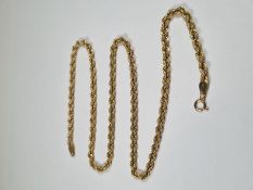 9ct yellow gold ropetwist design necklace, marked 375, 52cm, approx 7.15g