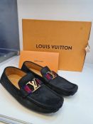 LOUIS VUITTON; a pair of men's Louis Vuitton Monte Carlo Loafers, in black suede and Louis Vuitton m