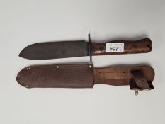 A British Military D survival knife with leather holder