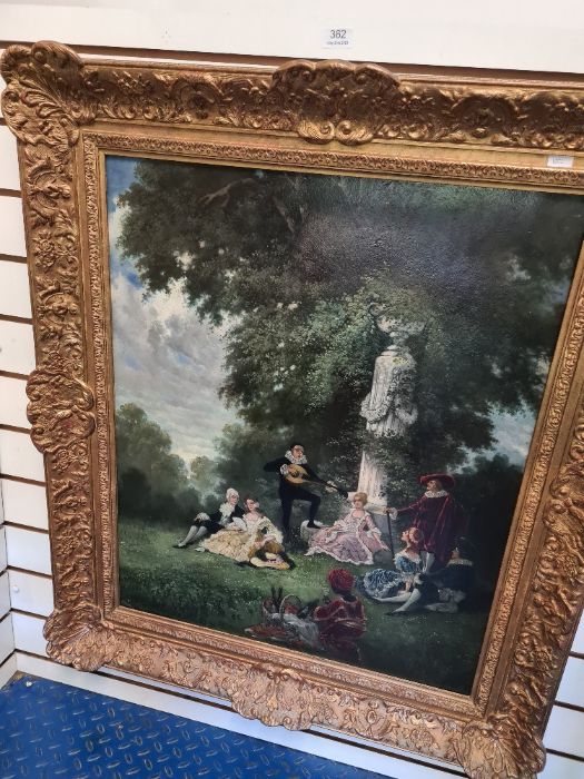 A 19th Century style oil of figures and musicians, in park setting signed bottom left, 62.5 x 78cm