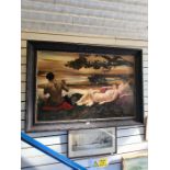 A large 20th Century Art Nouveau style oil of two reclining ladies and man playing flute in landscap