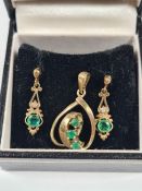 9ct yellow gold pendant set three small round cut emeralds and pair of similar emerald and diamond d