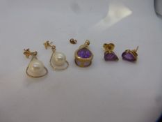 9ct yellow gold amethyst set pendant and matching stud earrings marked 375 together with a pair of p