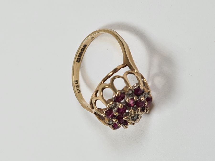9ct yellow gold ruby and diamond chip raised cluster ring, size I, approx 2.6g, marked 375, maker W - Image 5 of 5