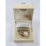 14K yellow gold dress ring with large pearl and single small diamond, size Q, marked 585, maker LBJ