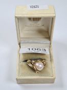 14K yellow gold dress ring with large pearl and single small diamond, size Q, marked 585, maker LBJ