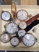 Tray of silver cased pocket watches, including Jones & Jones, Kay and Company, Lancashire Watch Co L